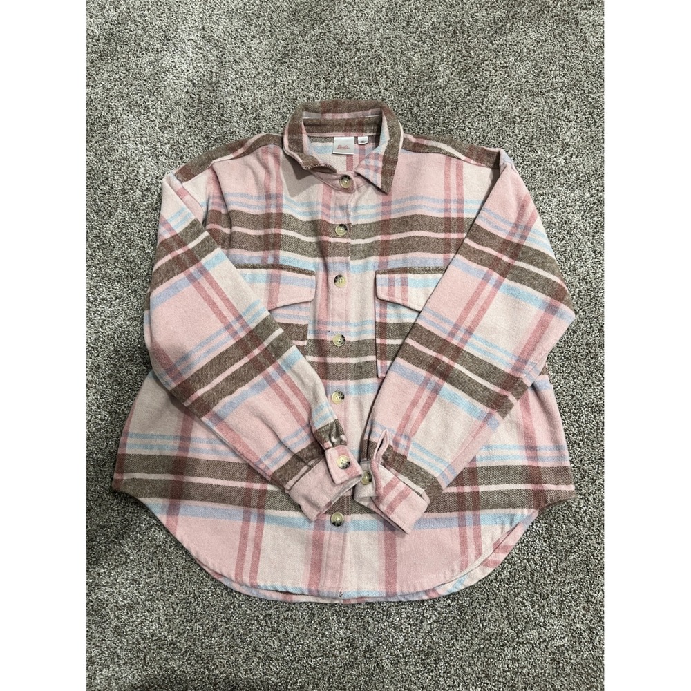 Barbie Movie Pink Plaid Flannel Shacket Button Up Jacket Logo Back Womens Medium - Picture 3 of 8